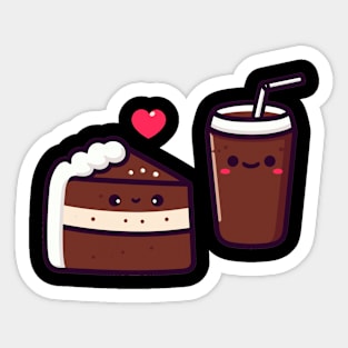 Kawaii Chocolate Cake and Cola Drink Couple with a Heart | Cute Kawaii Food Art Sticker